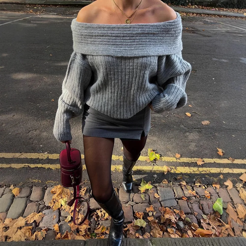 

Fashion Elegant Off-shoulder Knit Top With Belt Grey Ribbed Knit Sweater Long Sleeve Loose Casual Style Fall Top For Women J0HI