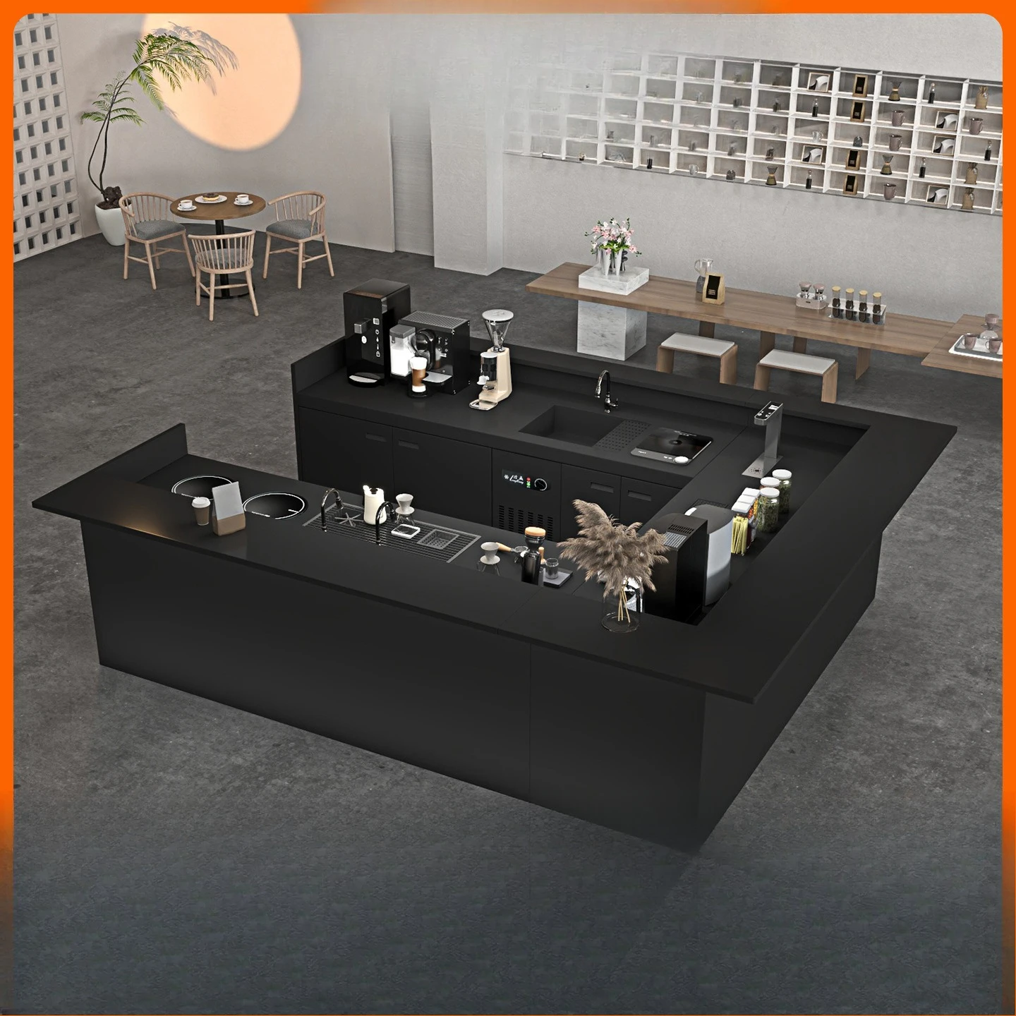 Commercial milk tea shop corner water bar integrated, table cake coffee catering baking rust steel waiting