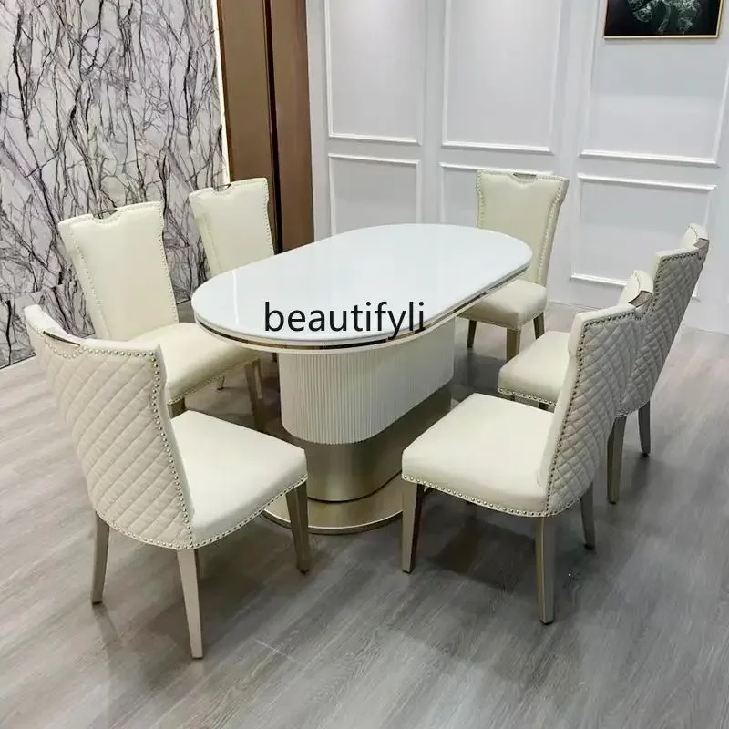 

ss K178American solid wood dining table and chair combination modern simple marble oval home French