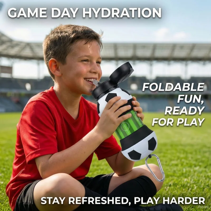 

Soccer Collapsible Water Bottle Leakproof Portable Silicone Cup Travel compact hydration compact 200ml to full 550ml in a snap