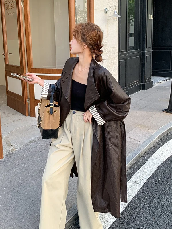 Women's PU Leather Jaet Coat Medium Length Spring Autumn 2025 New ular High-End Feel Commute Sle Long Sve Coat