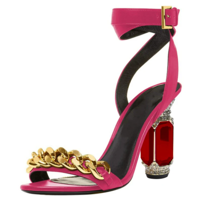 

DIZHUANG Fashionable women's high-heeled sandals. Rose red leather sandals. About 10.5cm heel height. Crystal heel.Summer shoes