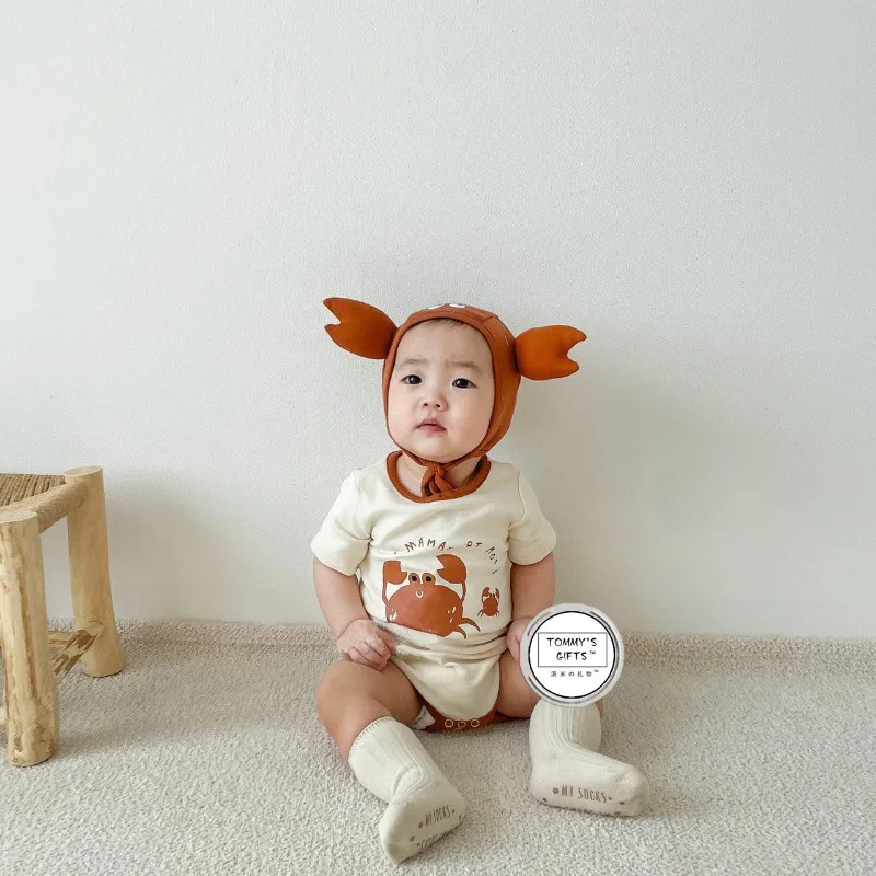 

Детский комбинезон-ромпер с забавным принтом краба для новорожденных мальчиков и девочек, хлопковый короткий костюм-комбинезон с шапочкой