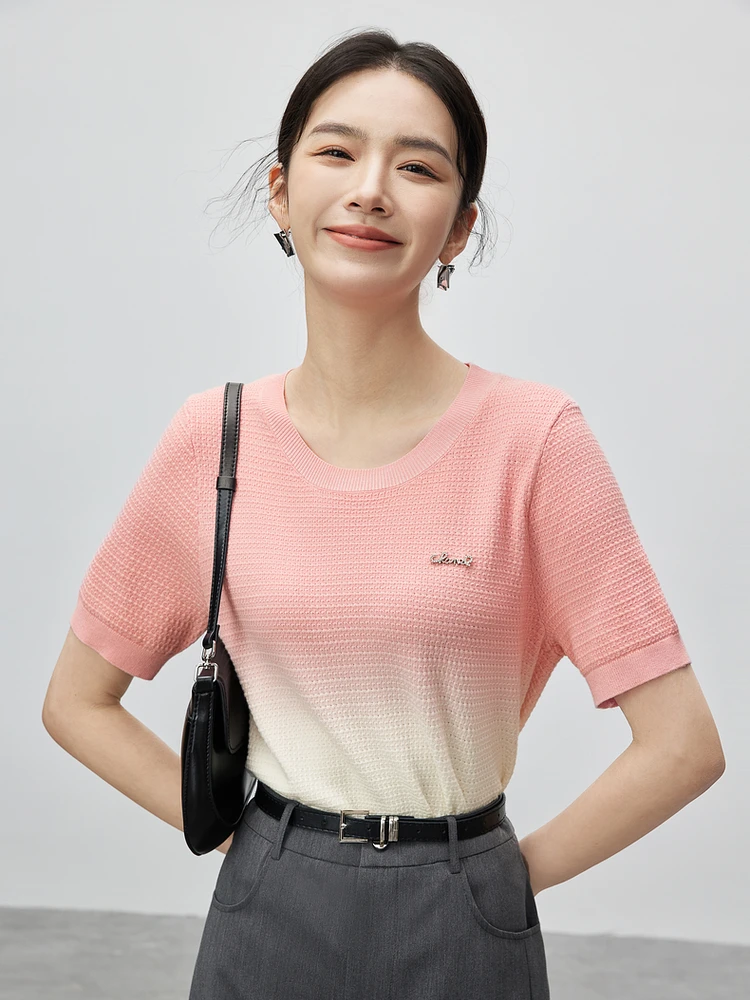 SENTUBILA Gradient Knitted Pullovers 2024 Summer Loose Simple Round Neck Short Sleeve Tops T-shirt Female Clothes W42H54854