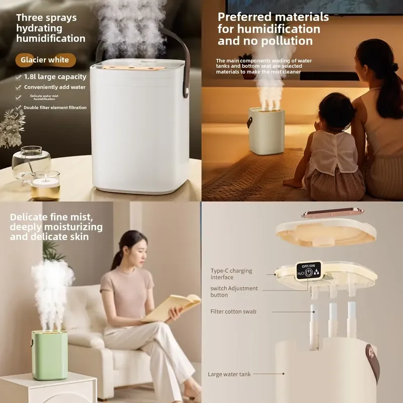 

USB three nozzle humidifier 1.8L large capacity air humidifier aromatherapy diffuser LED night light spray