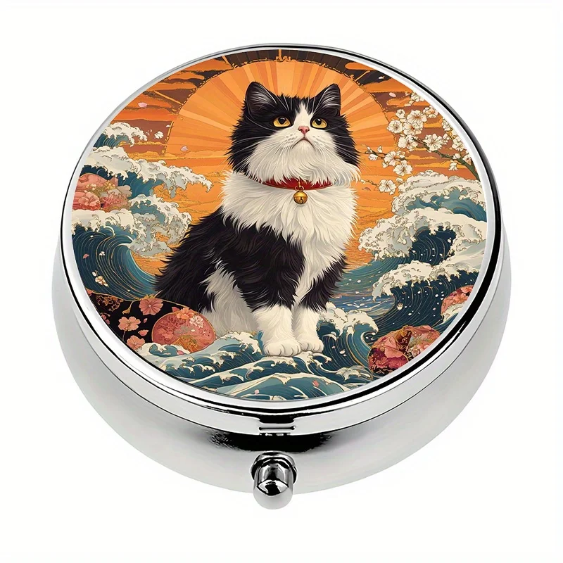 1-piece pill box, 3-compartment Japanese-style cat wave ocean theme mini pill box, medication storage box, travel-friendly unique gift