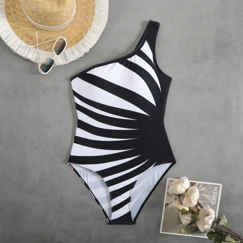 2025New Custom One-Shoulder Zebra Print One-Piece Swimsuit for Women Slim Bikini Swimwear