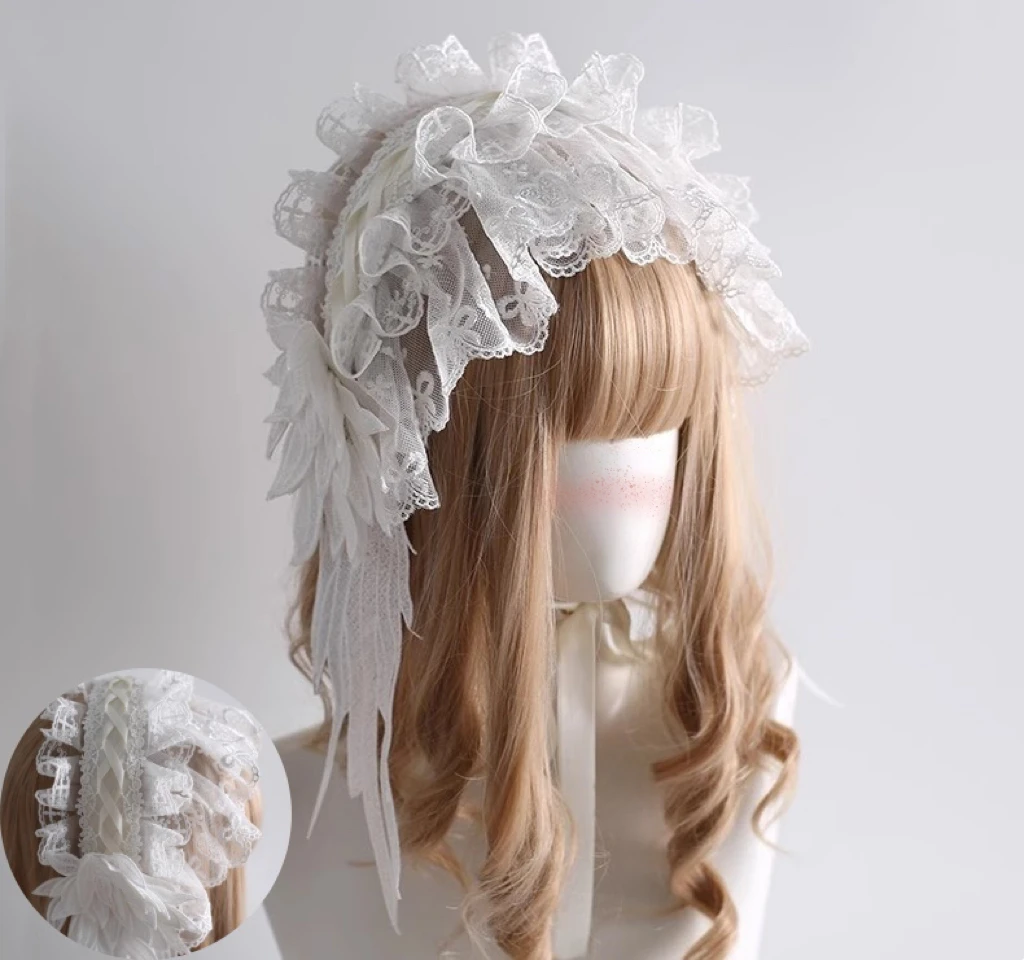 

2 Types Harajuku Veil Headpiece Lolita Gothic Angel Feather Wings Headband Dark Subculture Cosplay Lace Hair Accessory