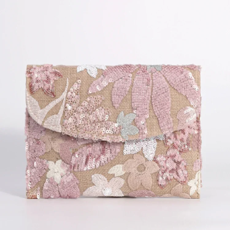 

Straw Envelope Bag Embroidery Evening Bags Sequins Bling Clutch Bag Floral Pattern Handbag Wedding Party Cotton and Linen Wallet