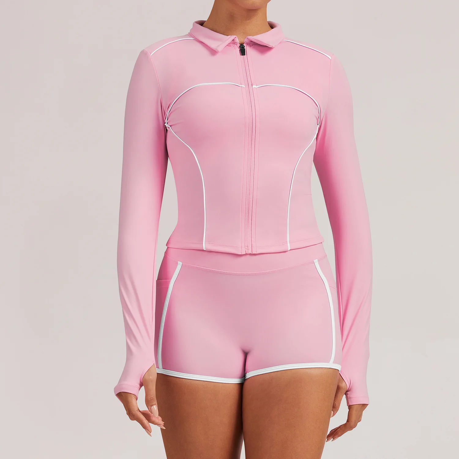 Women's Yoga T-shirt Top Long Sleeved Jacket Full Zip Polo Collar Thumb Holes Slim Fit Breathable Workout Gym Running Fitness