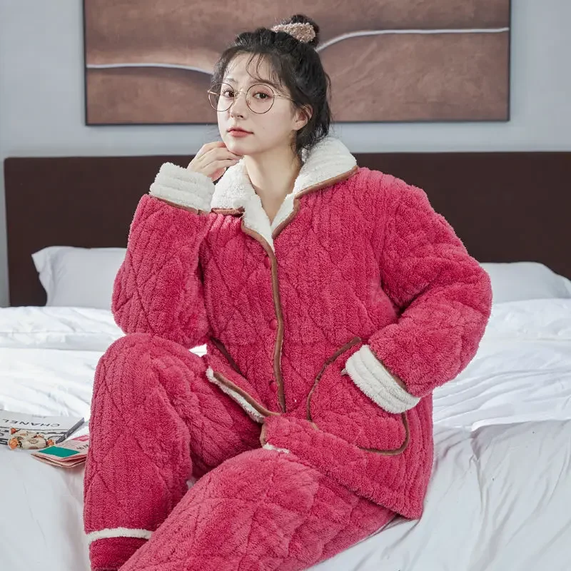 New Coral Fleece Pajamas Women Winter Sleepwear Triple Layer Cotton Thick Students Dormitory Flannel Ladies Loungewear Set