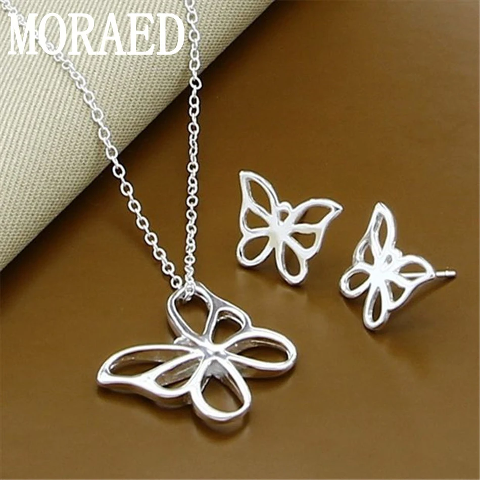 

925 Sterling Silver Simple Butterfly Necklace Earrings For Women Wedding Engagement Fashion Jewelry Set Wholesale