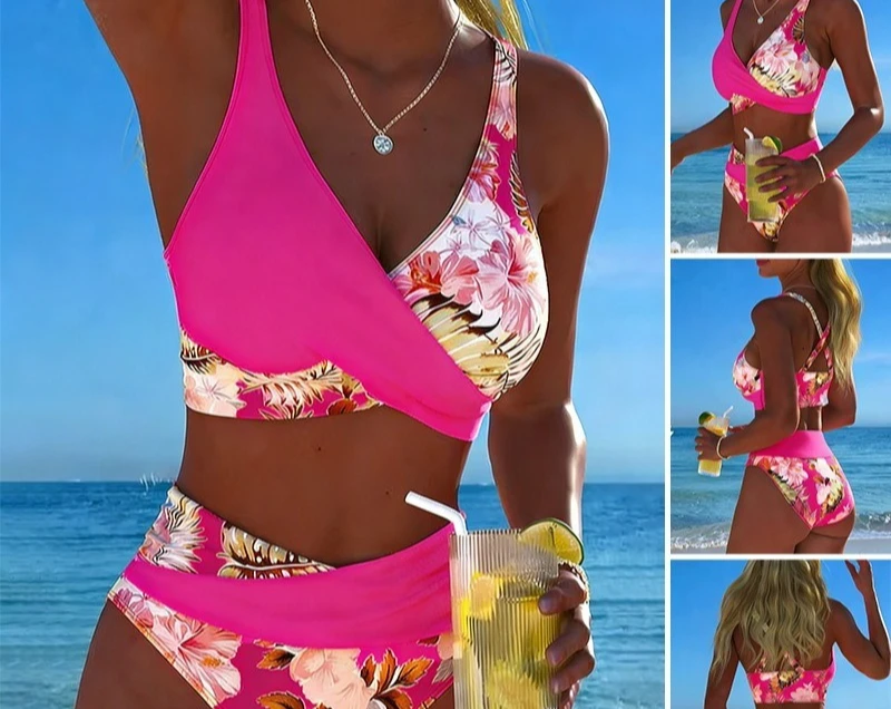Women 2 Piece High Waist Bikini Set Tropical Floral Print Wrap V‑Neck Bikini Top Fold Over Bathing Suit Beach Pool Swimwear