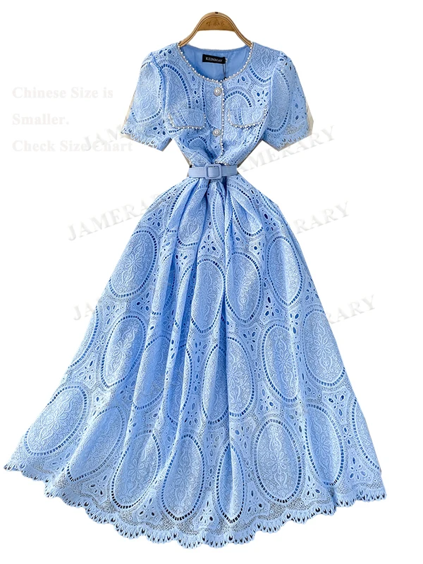 หรูหราเพิร์ลผู้หญิงลูกไม้ชุดยาวฤดูร้อนแขนสั้นสายเข็มขัดเดี่ยว Hollow Out เย็บปักถักร้อย Midi Dresses Party