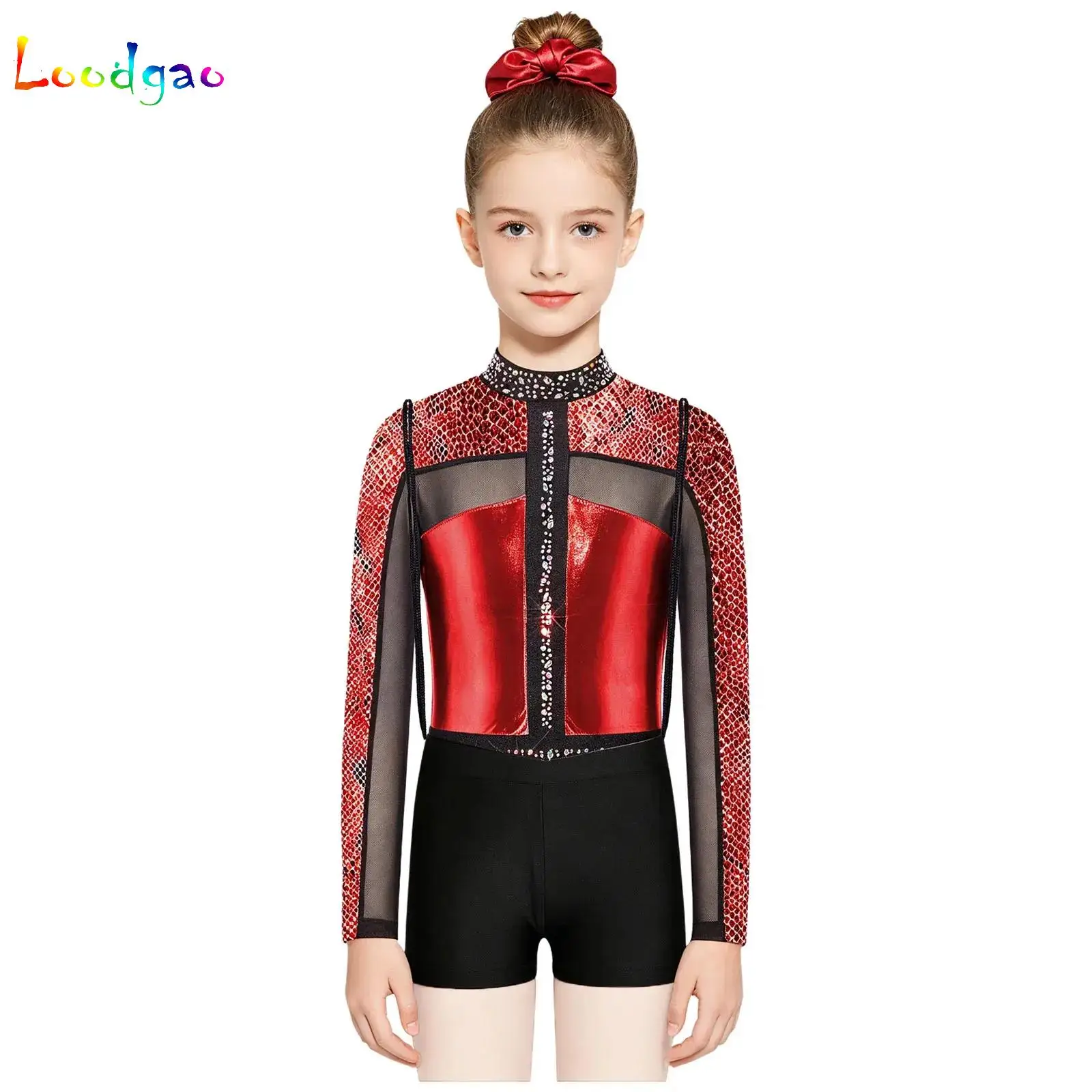 

Girls Sparkly Rhinestone Figure Skating Practice Costumes Gymnastics Ballet Leotard Long Sleeve Bodysuit Shorts Hair Band Suit
