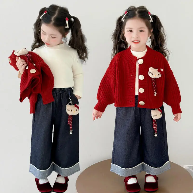 

Весенне-осенний комплект свитеров для девочек Hello Kitty из 3 предметов, детская мода в стиле аниме, милые джинсы, повседневная спортивная футболка для маленьких девочек, топы