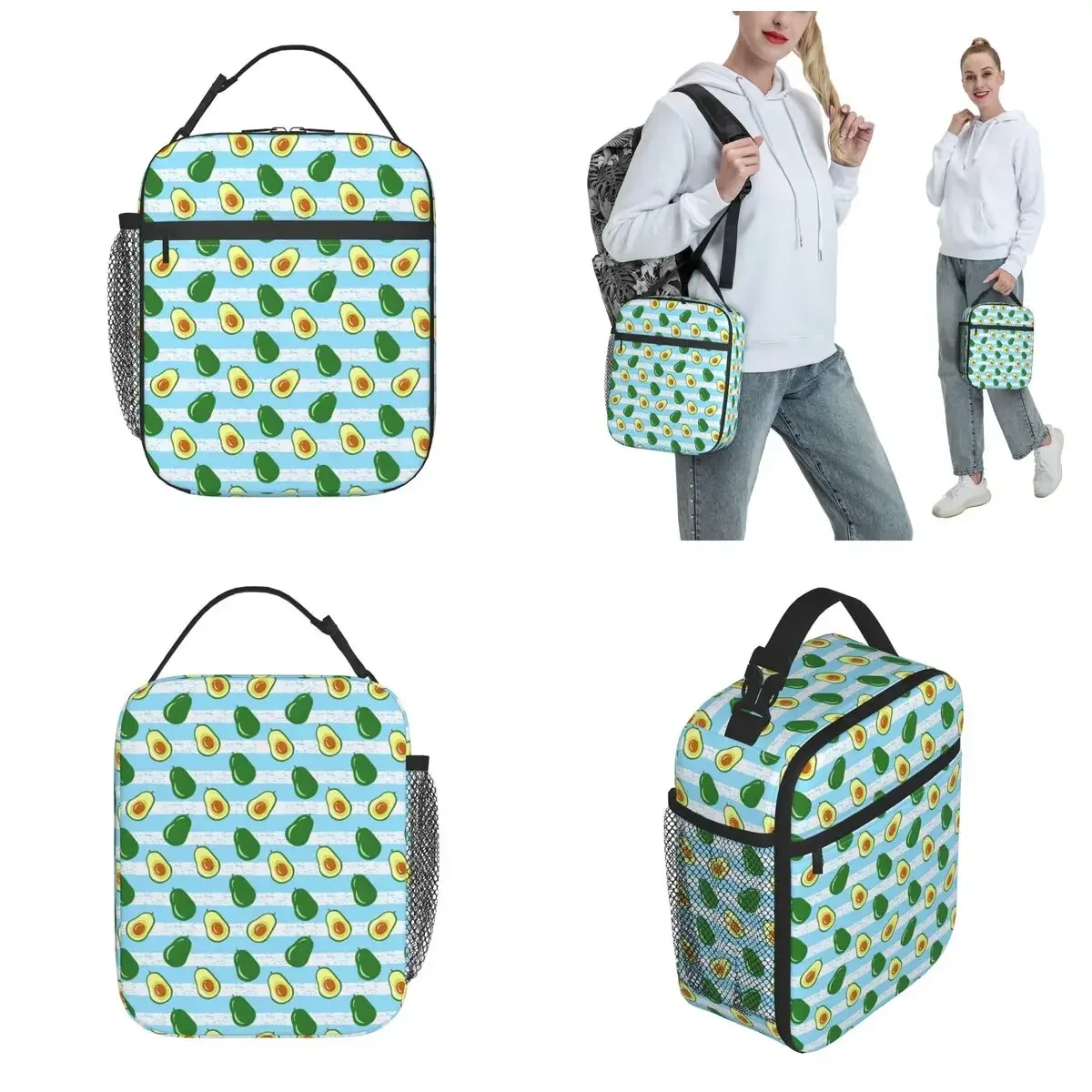 Sliced Avocado On A Striped Blue Merch Insulated Lunch Bag For Outdoor Storage Food Boxes Portable Thermal Cooler Lunch Boxes