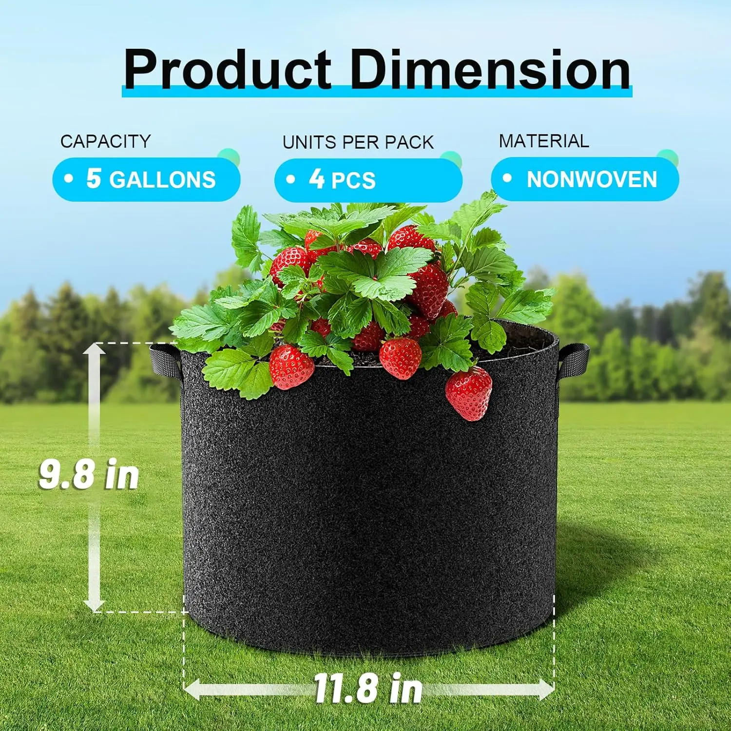 5 Gallon Fabric Grow Bags 4-Pack, Thickened Nonwoven Garden Pots with Handles for Easy Moving