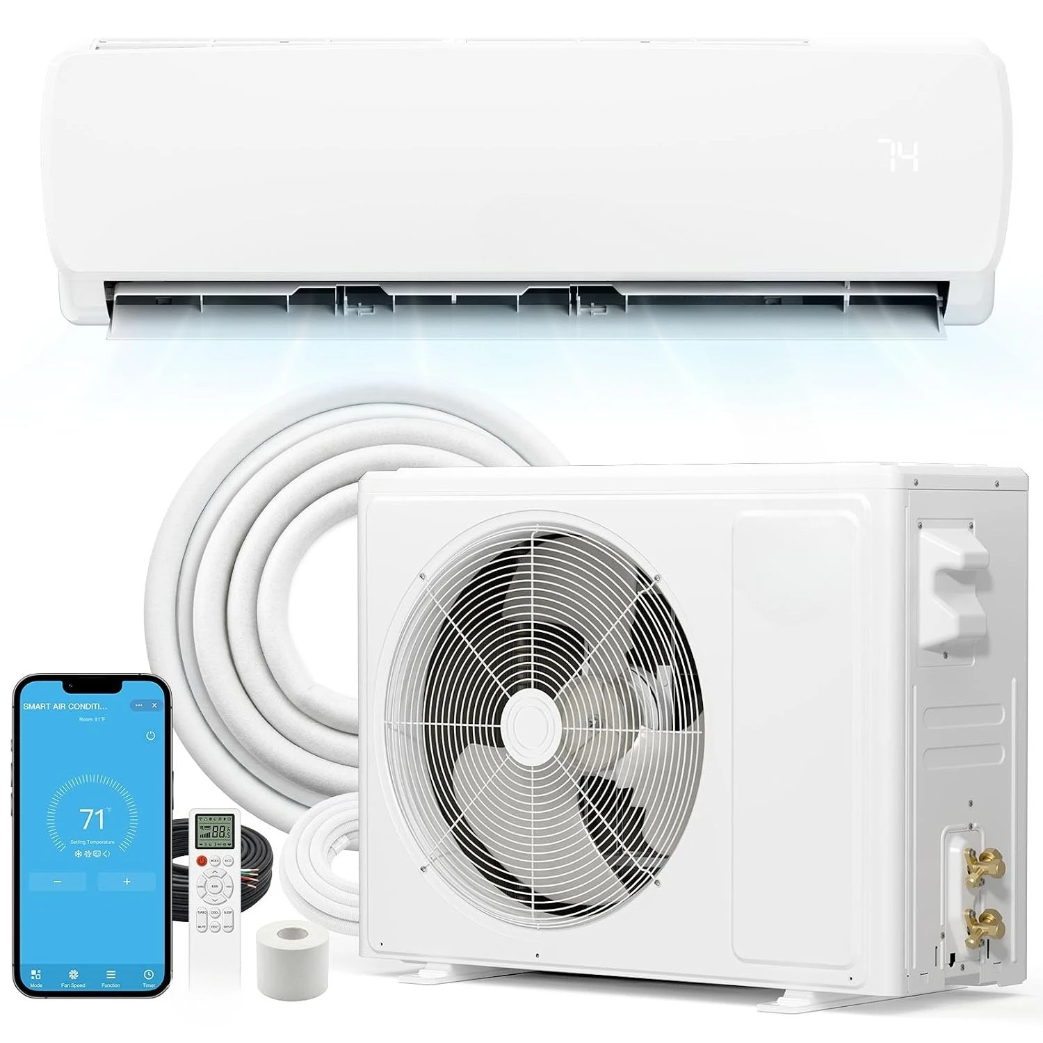 18000 BTU Mini Split AC & Heat Pump, WiFi Alexa Inverter System, 19 SEER2 R32, 230V 1200 Sq.Ft, w/Kit & Remote, Custom