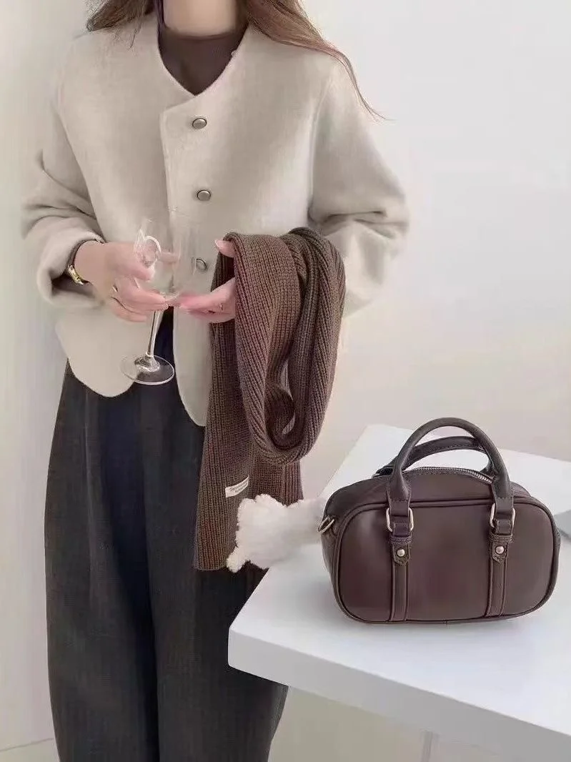 

Осенне-зимнее шерстяное пальто с круглым вырезом, универсальное, в корейском стиле, из 100% полиэфирного волокна, верхняя одежда