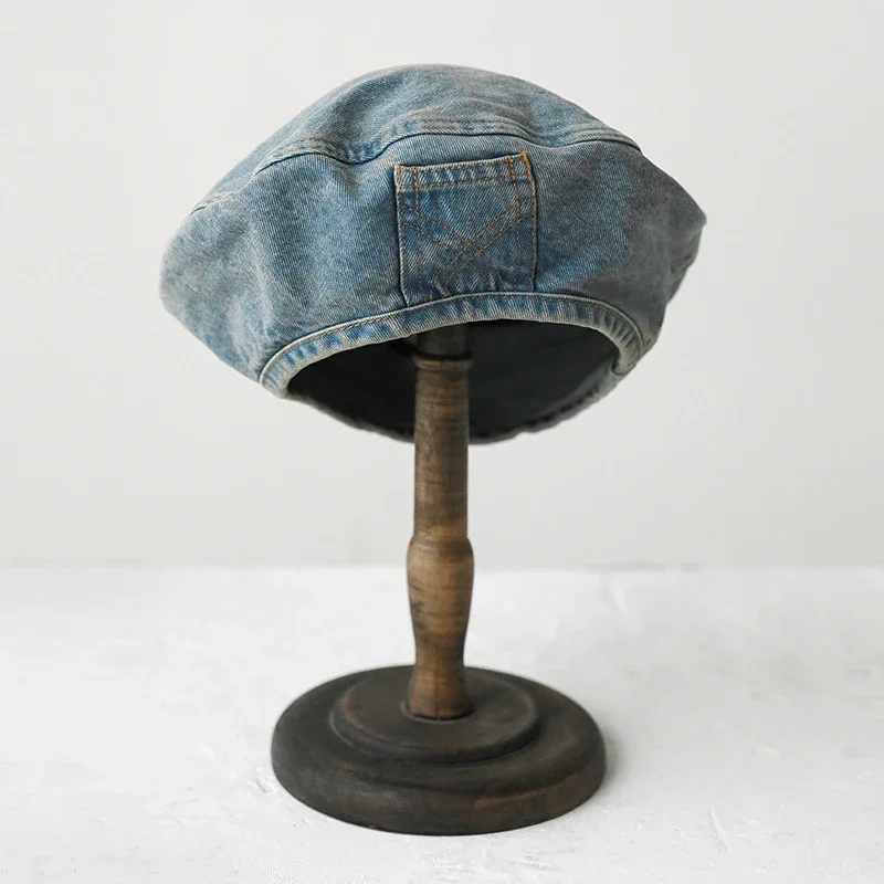 Vintage Smooth Denim Beret Old Wash Small Spring/Summer Casual Painter Hat Face Covering Simple Stylish Headwear
