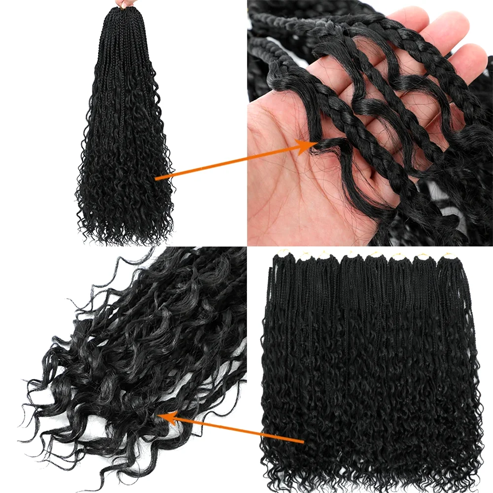 Trenzas de caja de diosa de ganchillo con extremos rizados, trenzas de caja bohemia Bob, pelo ombré de onda profunda, trenzado de fibra sintética, giro de pasión