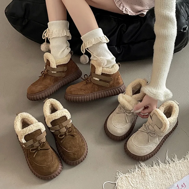 

2025 New Warm Thick Bottom Snow Boots Female Fashion Bow Women Shoes Casual Flat Botas Winter New Velvet Heightened Cotton Shoes