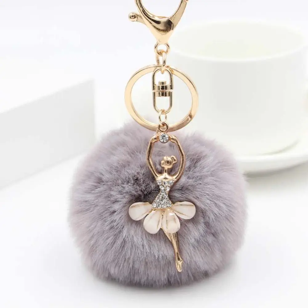 Key Ring Dancing Women Fluff Keychains Fur Ball Keyring Fake Fur Key Chain Little Angel Car keychain Ballet Angel Girl keychain