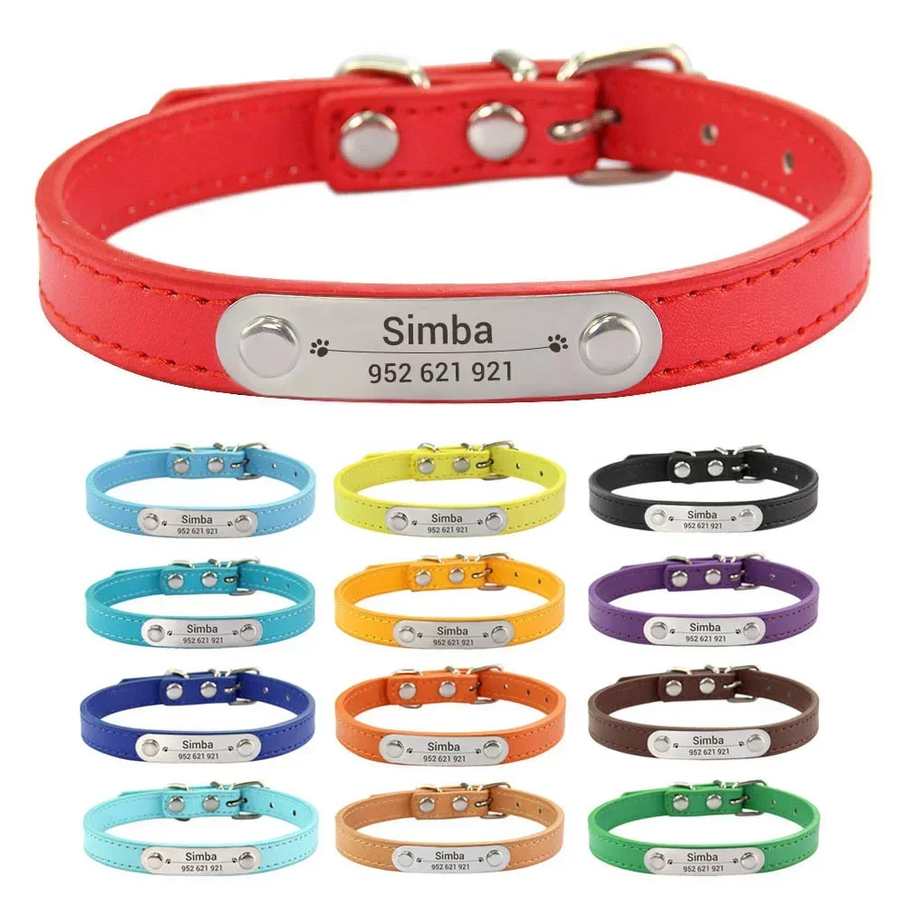 Personalized Dog Collar Name Carved 16 Colors Solid PU Leather Collar For Small Medium Large Dogs Puppy Cat Accessories Red Pink