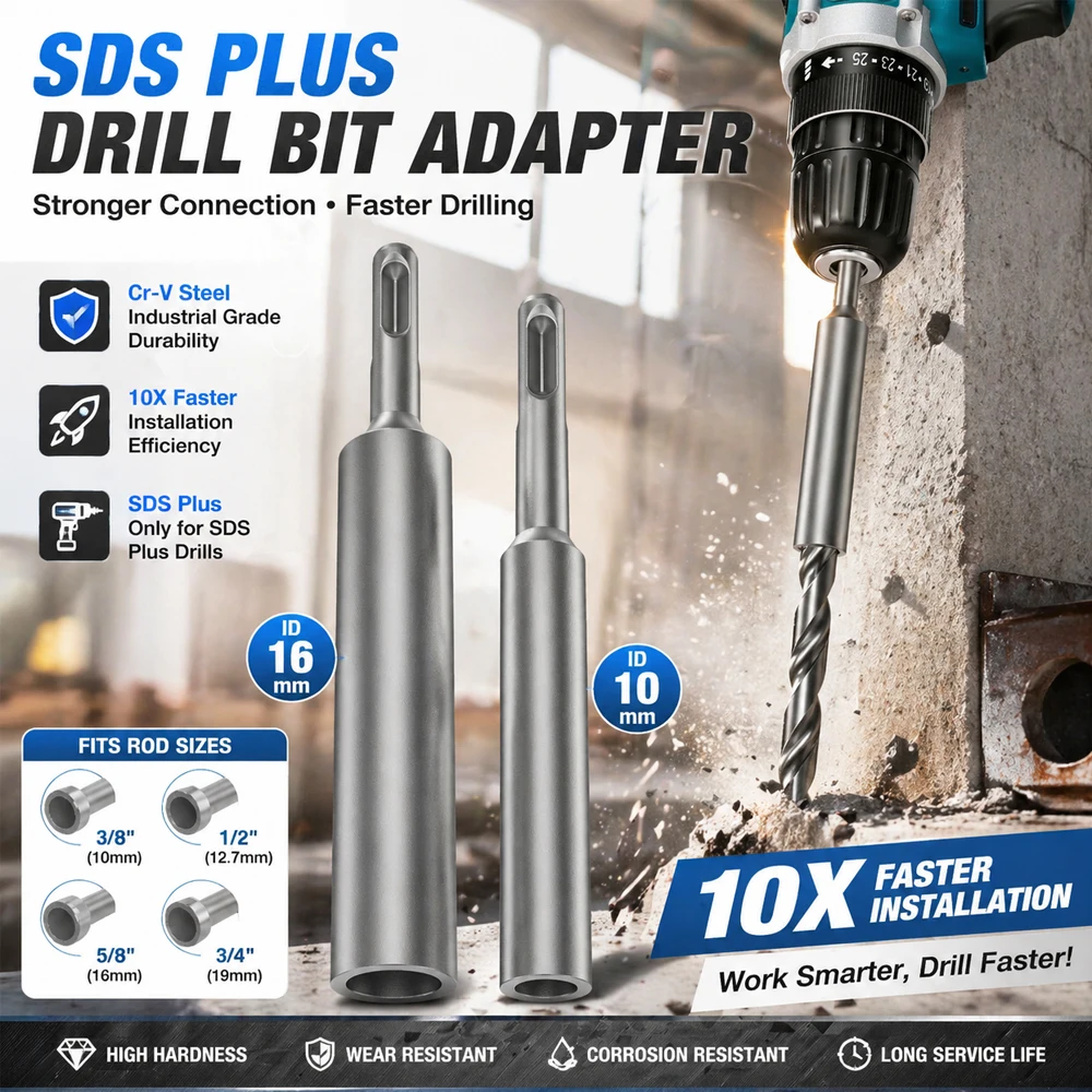 

SDS Plus Ground Rod Driver Set 10mm 16mm 19mm Industrial Cr-V Steel for 3/8" 1/2" 5/8" 3/4" Rods, Heavy Duty Grounding Bit