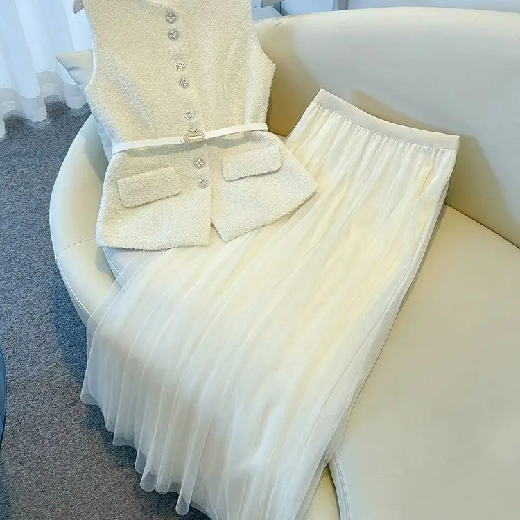 New French Small Fragrance Two Piece Set Women Summer O-neck Sleeveless Slim Vest + A-line Mesh Skirt Elegant Office Lady Suit