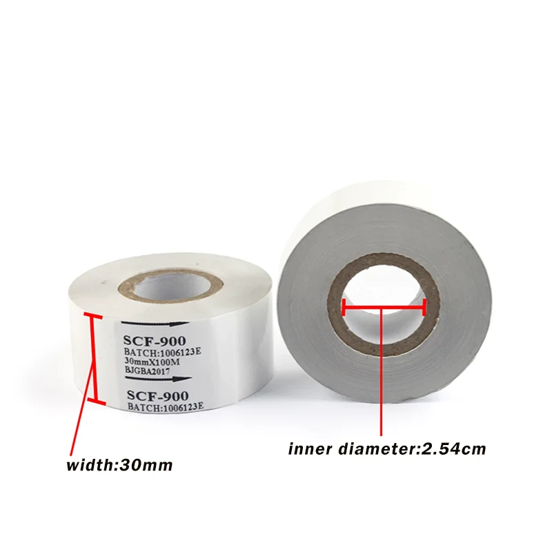 SCF-900 White Ribbon Printing Batch Number Production Date Heat Transfer Ink Ribbons in Pharmaceutical Factory Packaging
