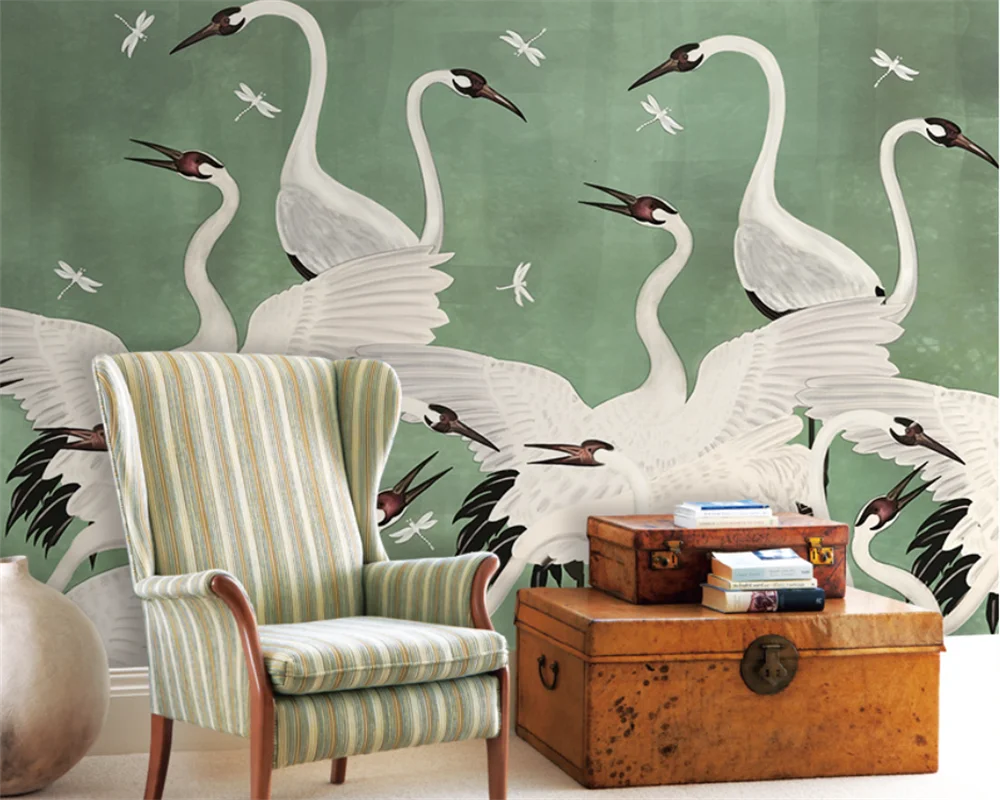 

beibehang papel de parede Customized modern Nordic fashion fresh red-crowned crane sofa background wallpaper papier peint