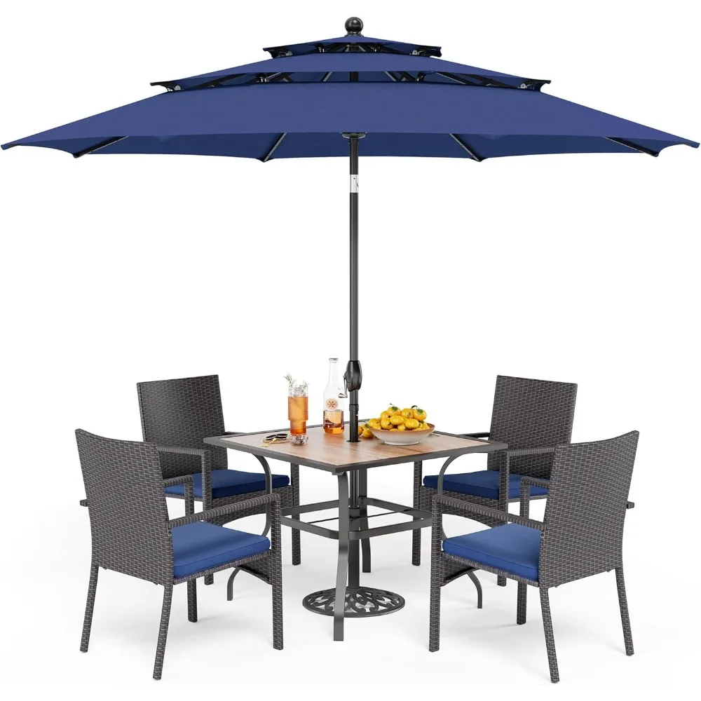 

5 Piece Outdoor Dining Set with Umbrella for 4, 37" Square Metal Wood-top Dining Table & Wicker Rattan Chairs with Cushions & 1