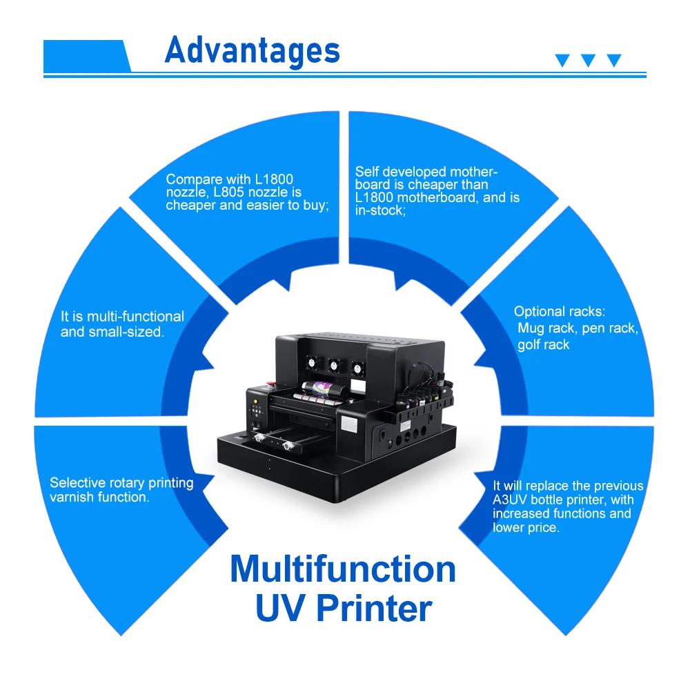 A3 UV Printer For Epson L805 UV Flatbed Printer with Varnish UV DTF Printing Machine For Phone case Metal Bottle Acrylic Print