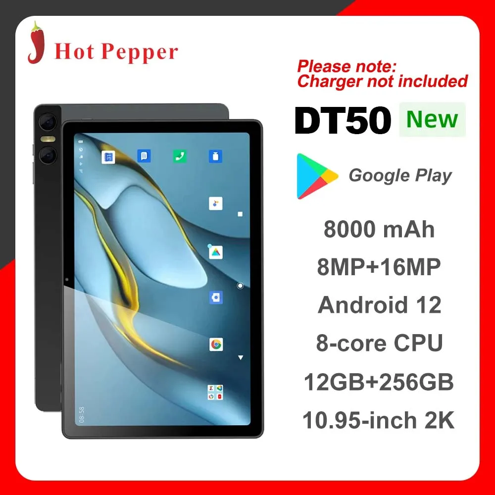 Планшет Hot Pepper DT50, 8 ГБ ОЗУ + 256 Гб ПЗУ, 10,95 дюйма, 2K IPS, Full HD, MT8183, 8 Мп + 16 МП, 8000 мАч, Android 12, двухдиапазонный, Wi-Fi, GPS