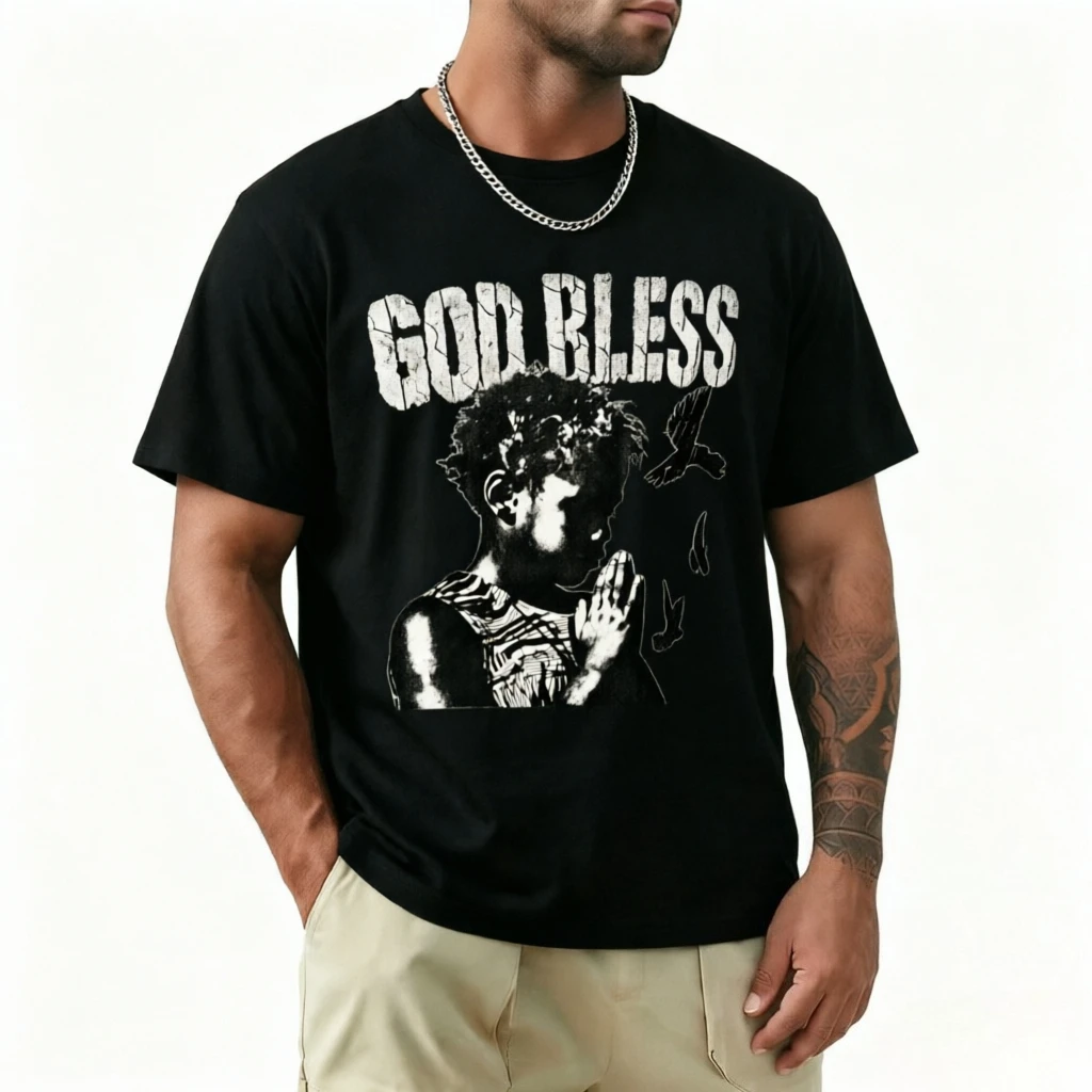 GOD BLESS Praying Figure Graphic T Shirt Men Women Casual Cotton Short Sleeve Tshirt Vintage Hip Hop Print Tee Streetwear