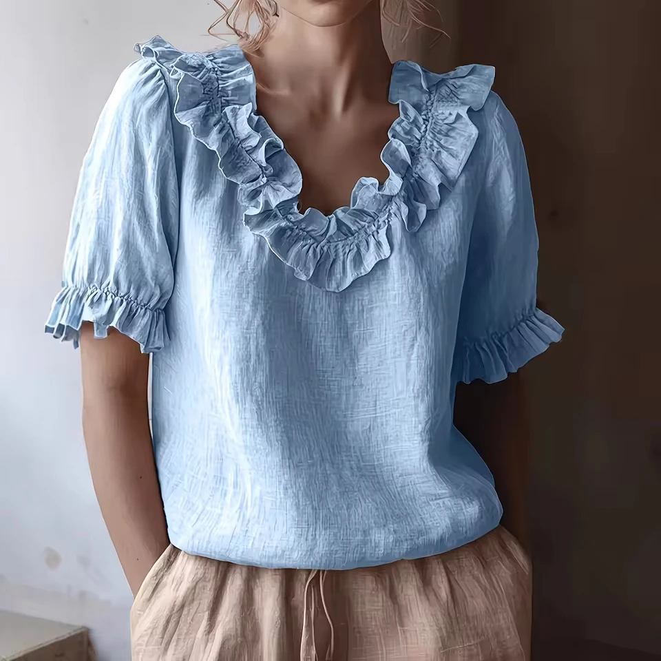 2026 Spring and Summer New Fashion Casual Ruffle Crew Neck Shirt