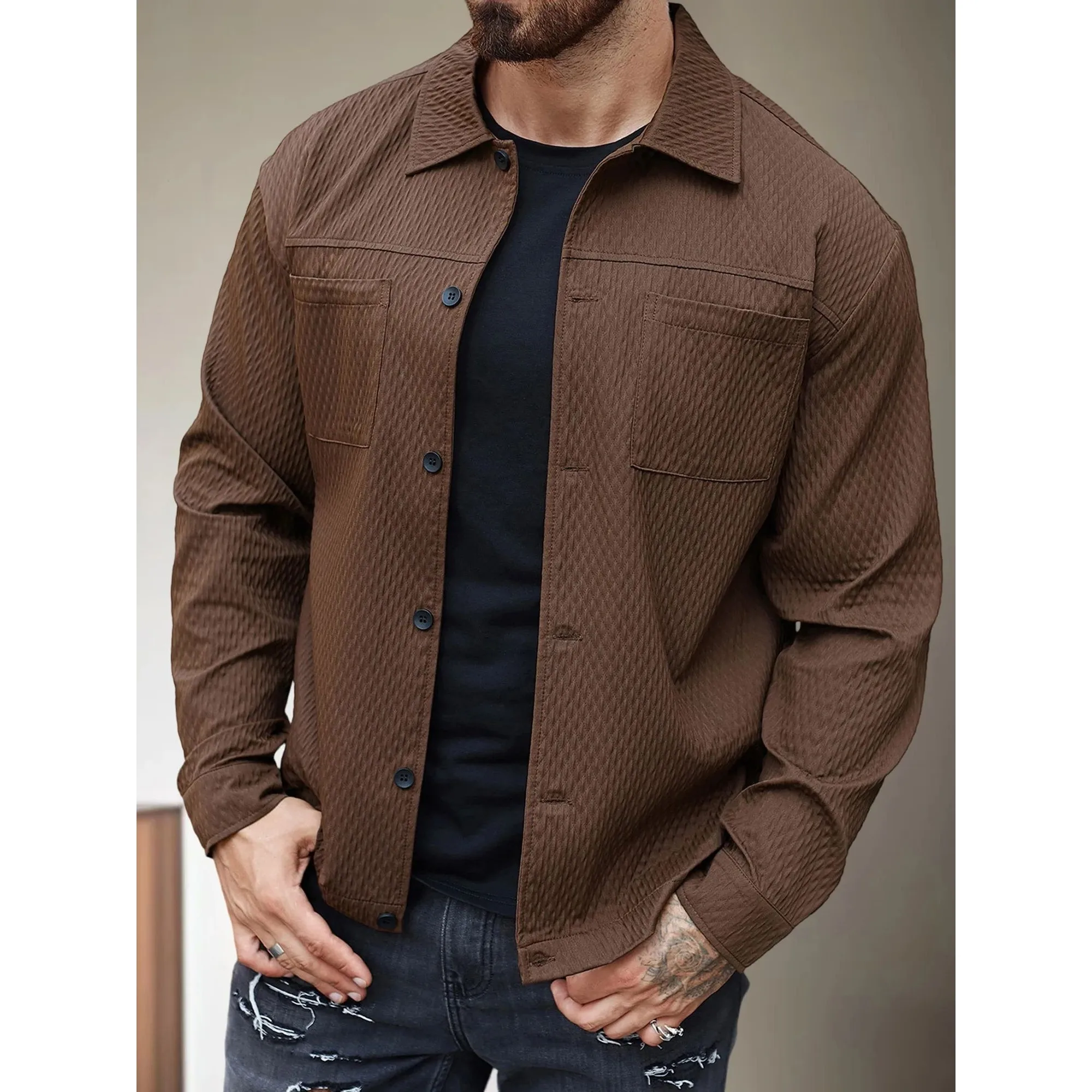 Men's Casual Shirt Jacket Regular Fit Color Long SV Customizable Design Sun Protection Clothing