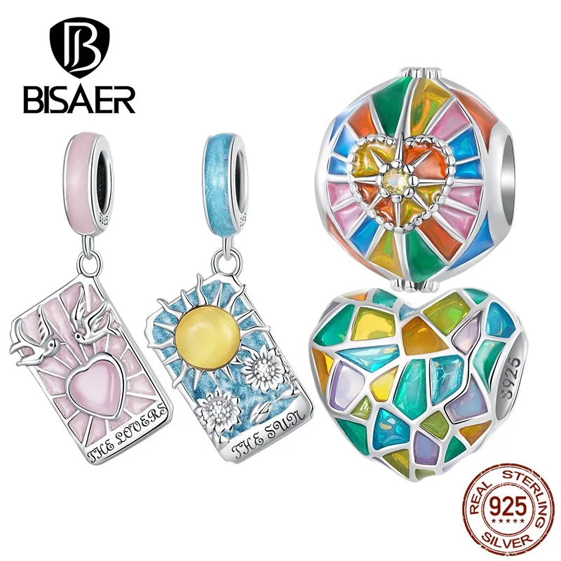 BISAER 925 Sterling Silver Colorful Sun Tarot Charm Square Tarots Lovers Pendant For Women Bracelet Necklace DIY Fine Jewelr