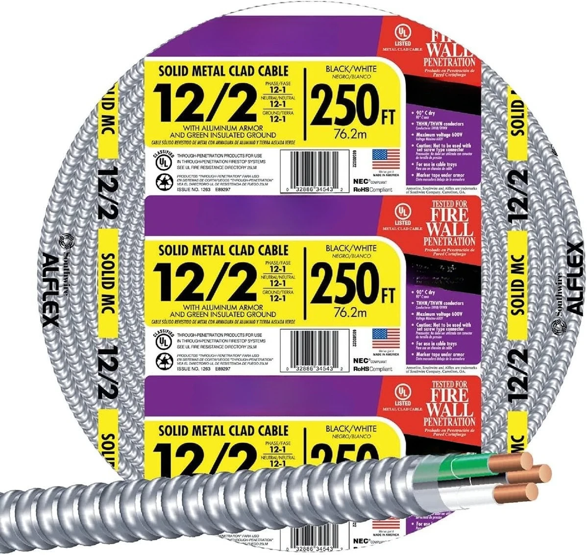 68580055 كابل CU MC Lite صلب بطول 250 قدمًا و12/2، ألومنيوم