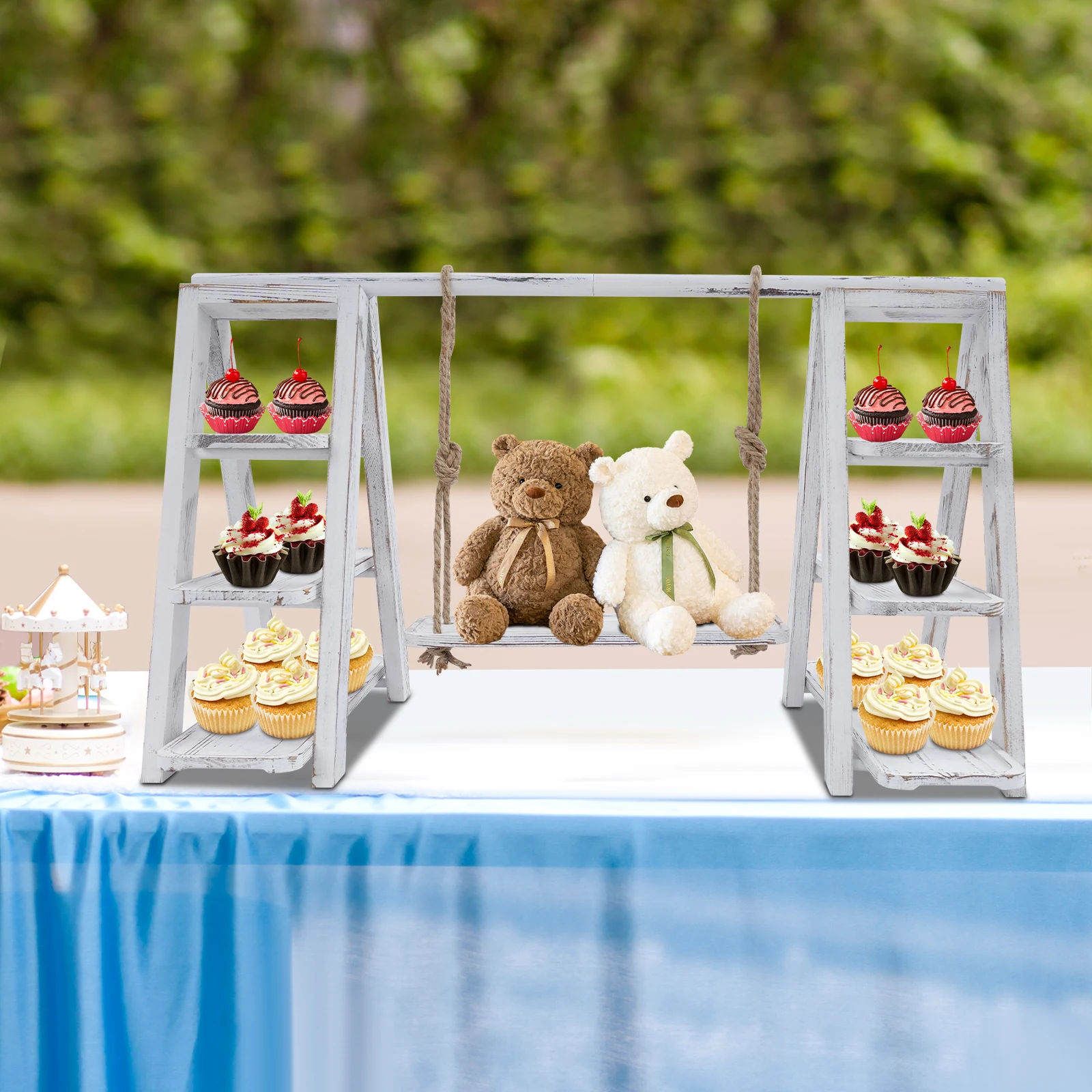 

3-Tier Cupcake Stand with Removable Trays A-Shaped Iron Pine Display Set 2kg/Tier Swing Plates Hemp Rope Detail Countertop Mount