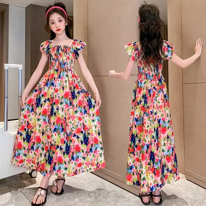 

Summer Girls Long Dresses Sweet Kids Clothes Bohemian Beach Floral Print Dresses for Girls Children Clothes Party Wear 4 6 8 10y