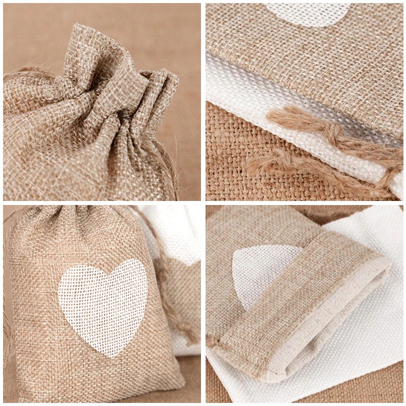 10Pcs Natural Linen Burlap Bag Heart Jute Drawstring Candy Gifts Packaging Bags For Wedding Birthday Party Decor Jewelry Pouches