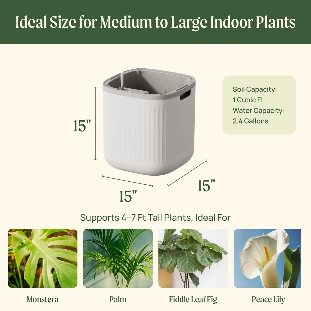 Self-Watering Planter for Indoor Plants, Modern Pot with Water Reservoir, 15 Inch, Cream White