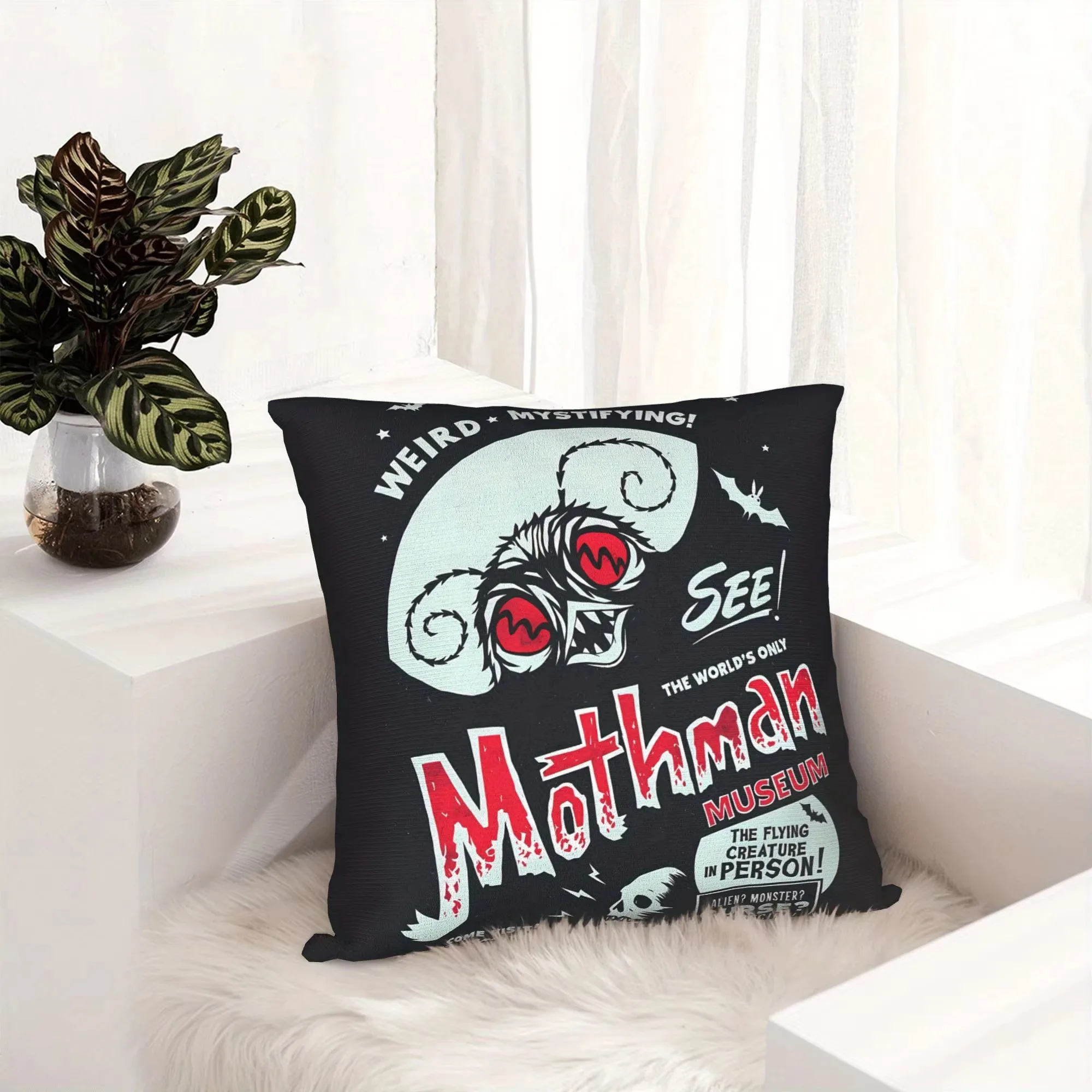 Mothman Museum Vintage Poster Pillow Cover, Double Sided Soft Polyester Print Cushion for Sofa Bedroom Gothic Home Decor Gift
