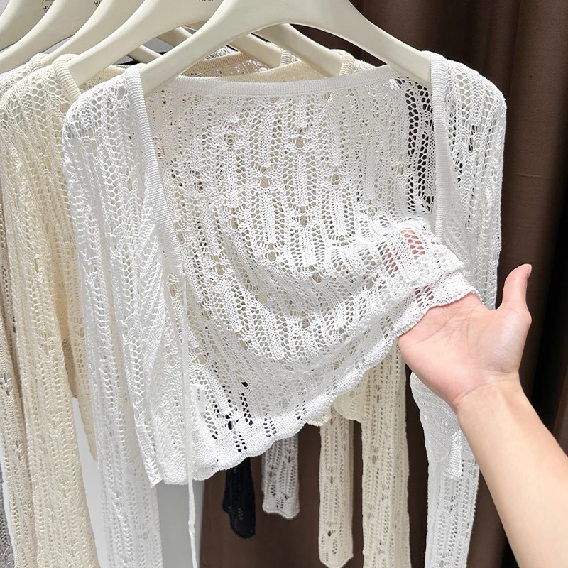 سترة صوفية شفافة باللون الرمادي - غطاء مجوف برباط مع حزام، فستان شاطئ خفيف الوزن، شال بوهو مكتب متجدد الهواء