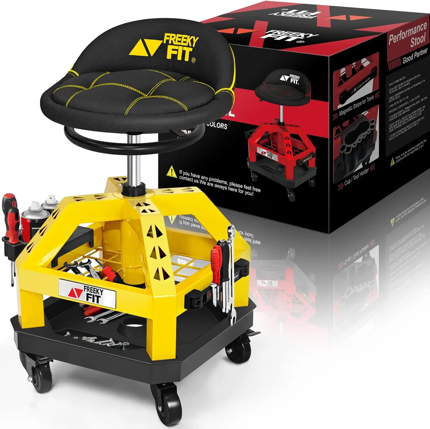 

Adjustable Swivel Shop Stool with Tool Tray, 330 LBS Capacity, Heavy Duty Yellow Rolling Seat