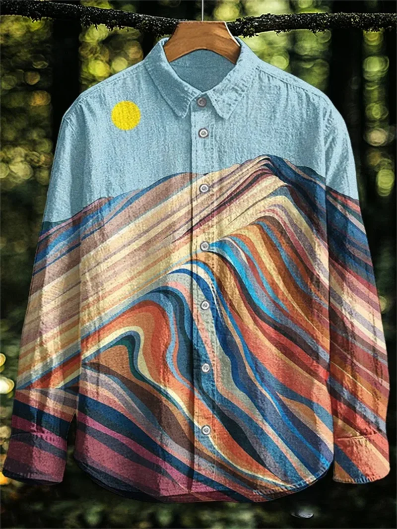 Men's Vintage Linen Long Sleeve Shirt Kitten Pattern 3D Wave Print Lapel Collar Chic Holiday Top