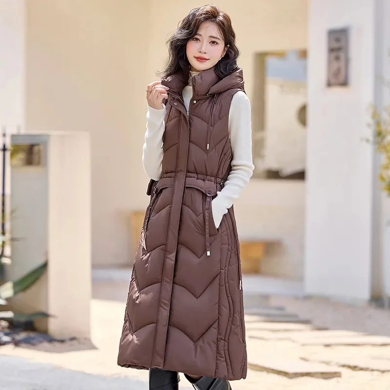 Autumn Winter Women Down Cotton Waistcoat Warm Puffer Sleeveless Jacket New Female hooded Mid-Length slim Vest Female Tops T586